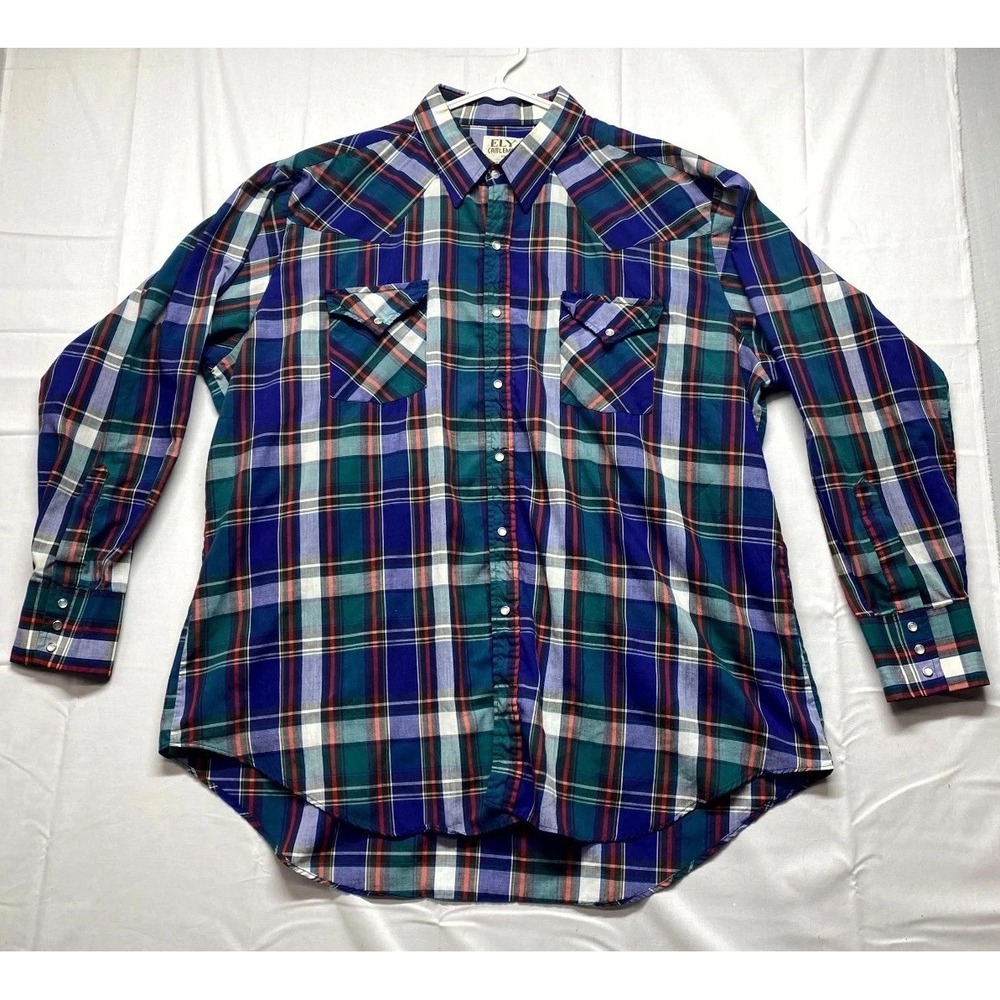 Ely Cattleman Western Shirt Mens 2XL Multi Plaid Pearl Snap Peaked Yoke Cowboy